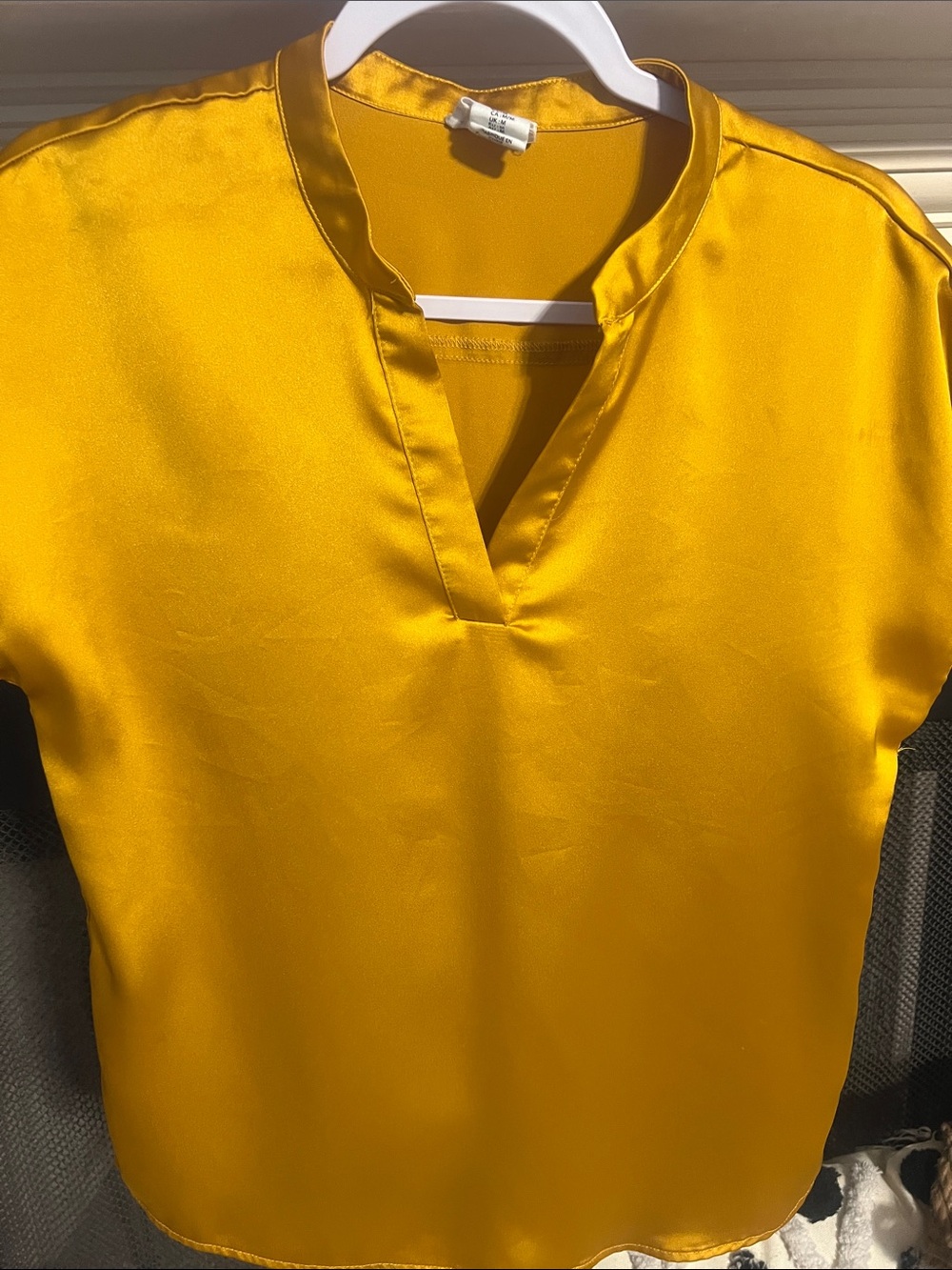 Nicole Miller Mustard Satin V-Slit Short Sleeve Blouse
